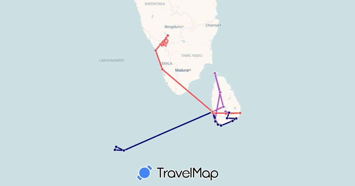TravelMap itinerary: driving, train, hiking in India, Sri Lanka, Maldives (Asia)